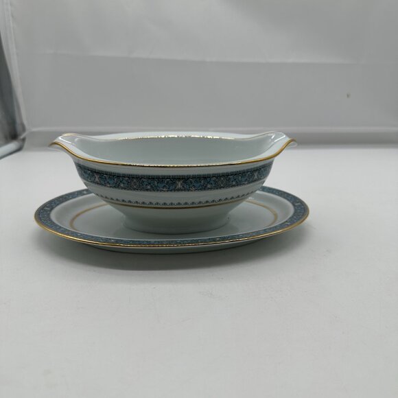 Noritake Harcourt 6857 Gravy Boat with  Underplate Gold Trim Blue Print - Picture 3 of 5